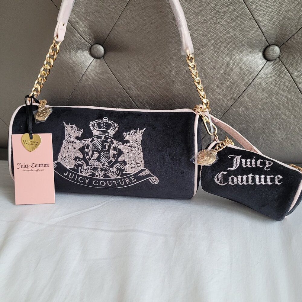 *SOLD* 🩷✨️Juicy Couture Black and Pink velour Scottie Dogs Barrel Satchel